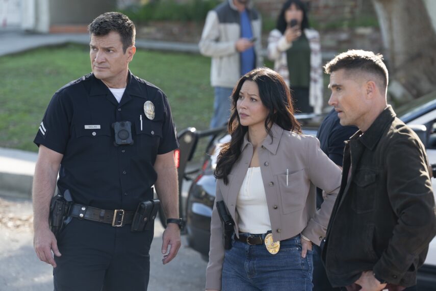 Nathan Fillion as Nolan, Melissa O'Neil as Lucy, and Eric Winter as Tim — 'The Rookie' Season 8 Episode 16 "Out of Time"