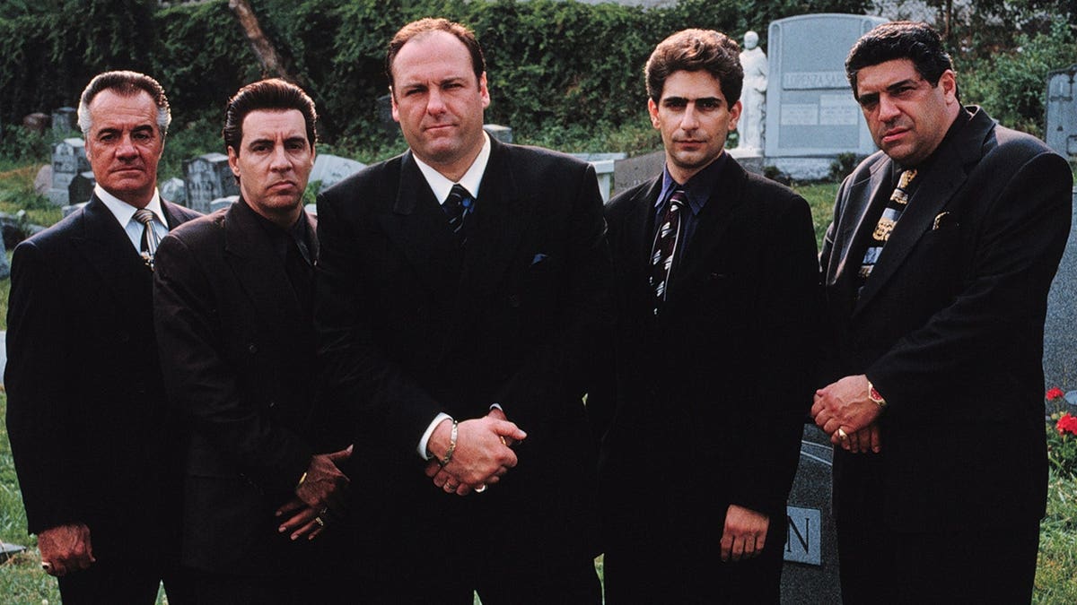 The cast of "The Sopranos" posing for a photo together.