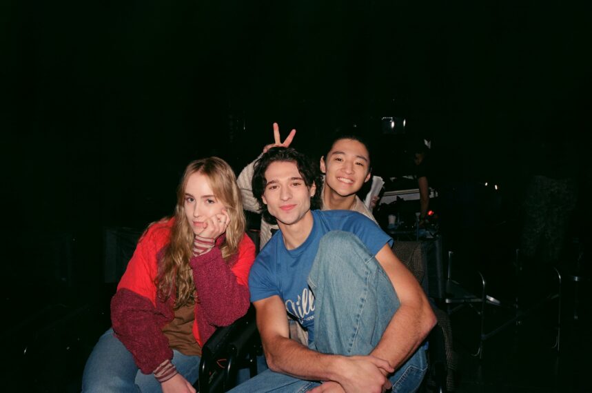 Émilie Bierre as Riley Sullivan, Costa D'Angelo as Owen Boone and Ethan Holder as Cooper Cunningham on the set of The Sticks.