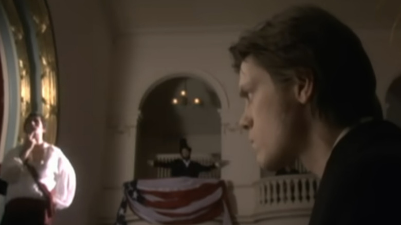 Sam Brown on stage with Zach Cregger as Lincoln posing in a theater balcony taunting Trevor Moore as John Wilkes Booth in The Whitest Kids U Know