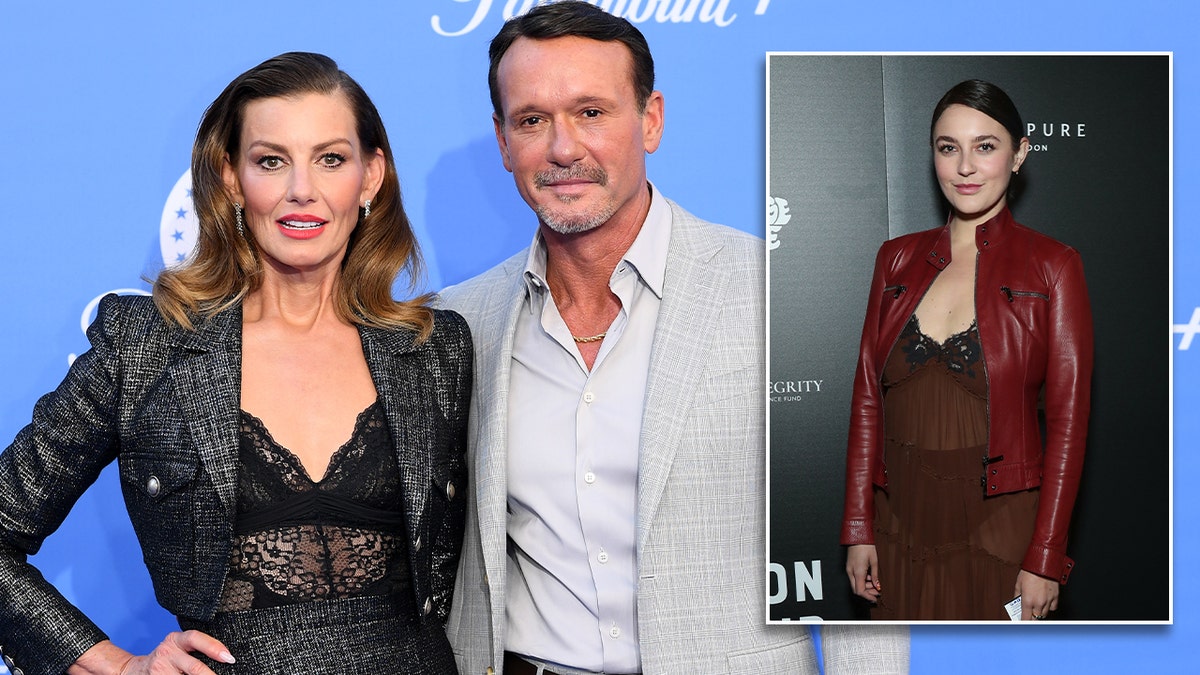 Faith Hill in a lace bodysuit with matching suit and skirt set stands next to Tim McGraw in a grey suit at a Paramount+ event inset a photo f their daughter Gracie wearing a transparent dress and red leather jacket