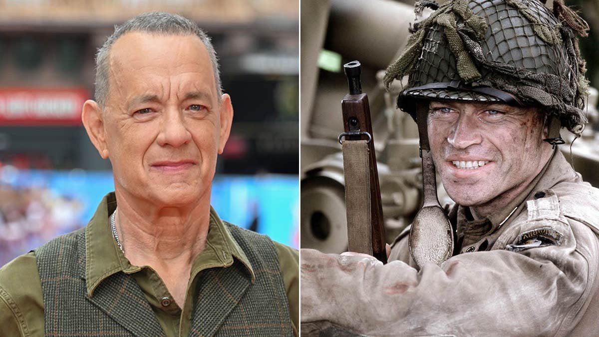 A split of Tom Hanks in 2026 and Neal McDonough in Band of Brothers