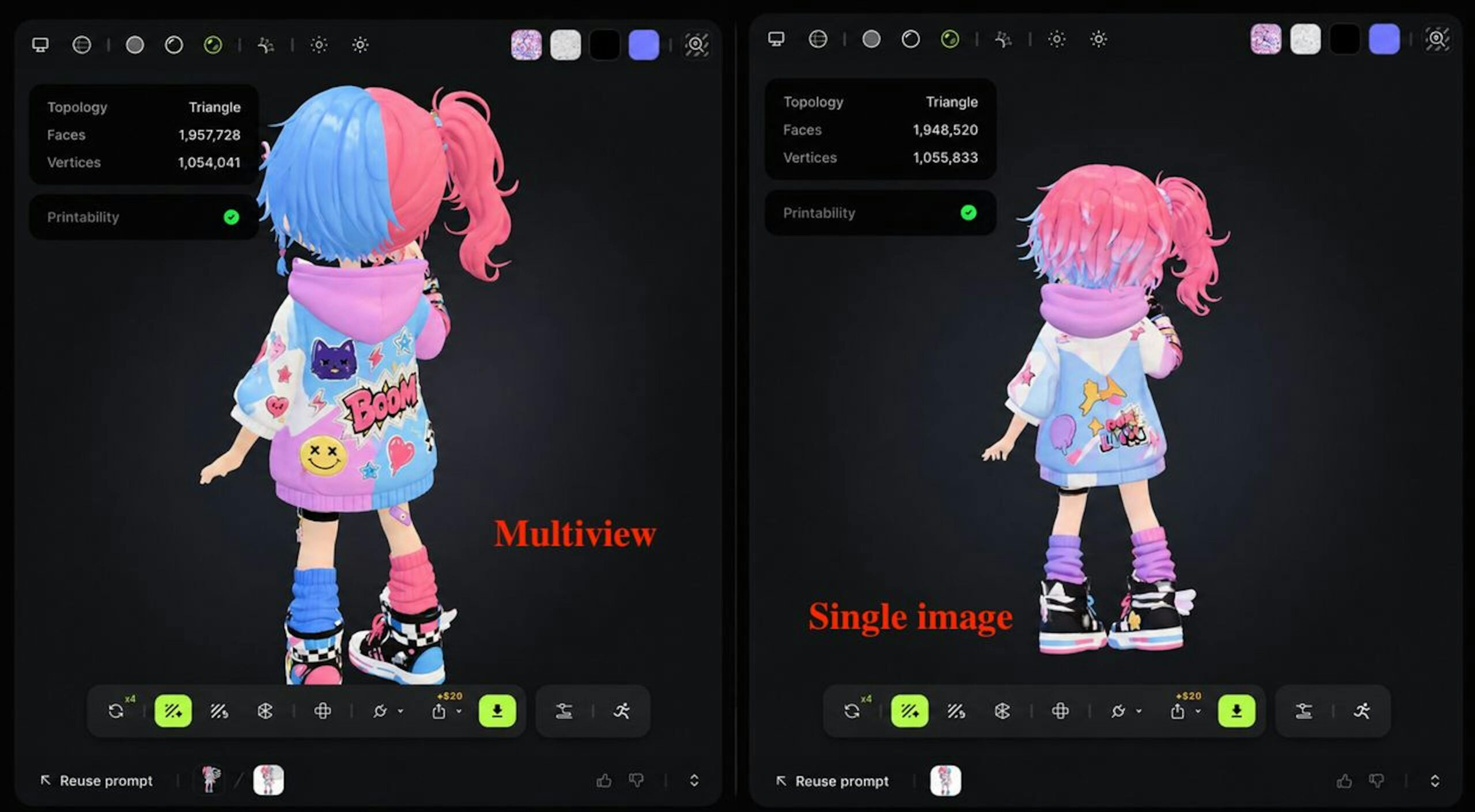 Back views of the same character, multiview on the left and single-image on the right.