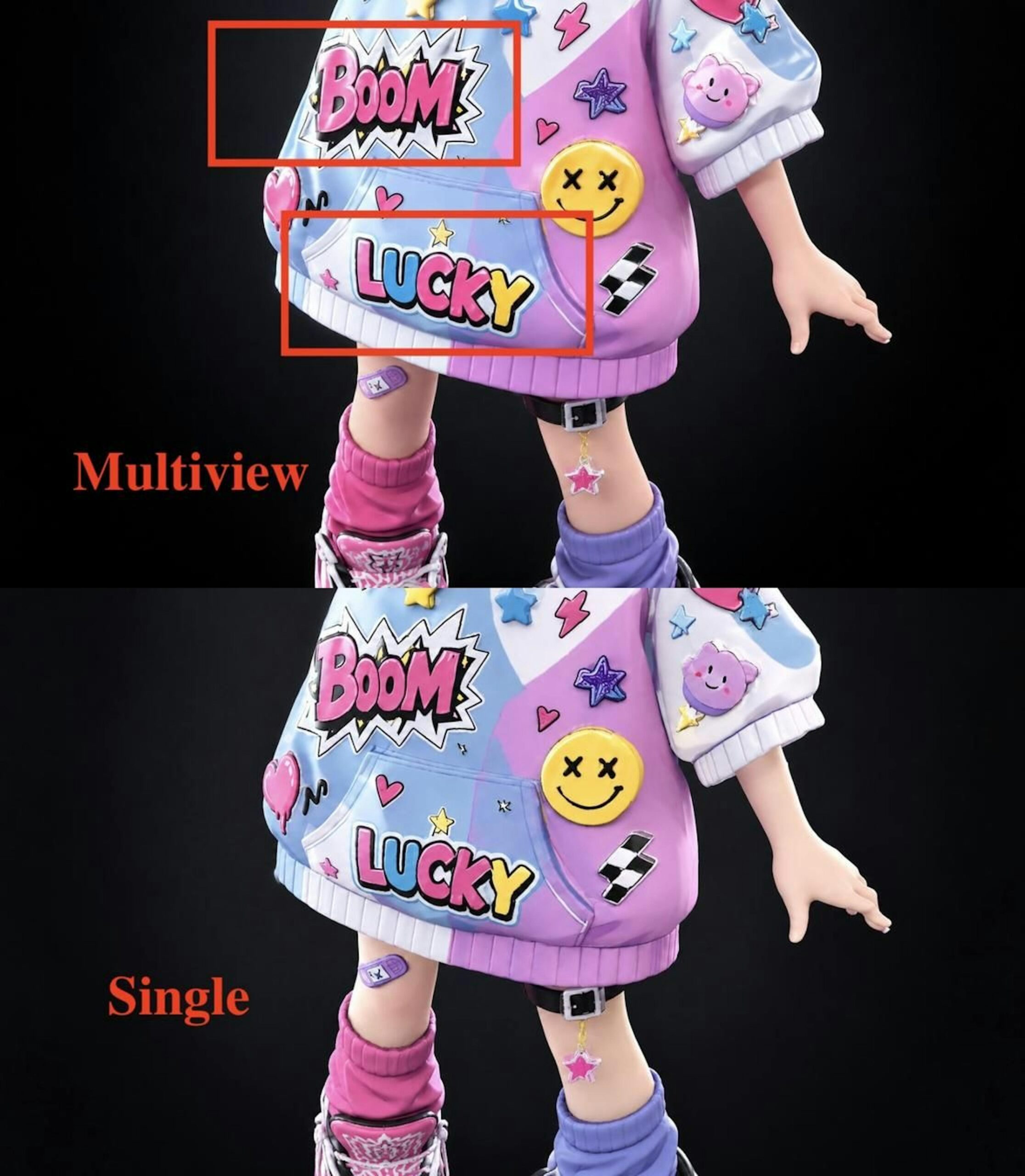 The character's graphic hoodie at 100% zoom, multiview version on top and single-image below.