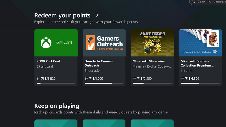 Various gift cards in the Xbox Rewards hub.