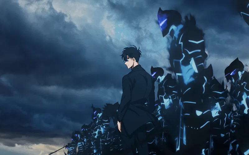 This is a companion concept video for Solo Leveling: Beyond the System, an upcoming theatrical film continuation of the anime. The image features Sung Jinwoo and his Shadow Army.