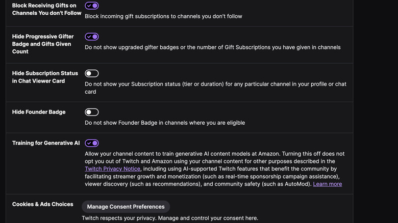 Twitch's generative AI training toggle in user settings