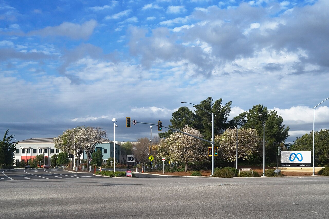 Meta Platforms headquarters sign at 1 Hacker Way in Menlo Park, California, the site of Connect 2026