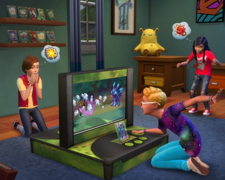 Characters watch a screen in the Sims video game