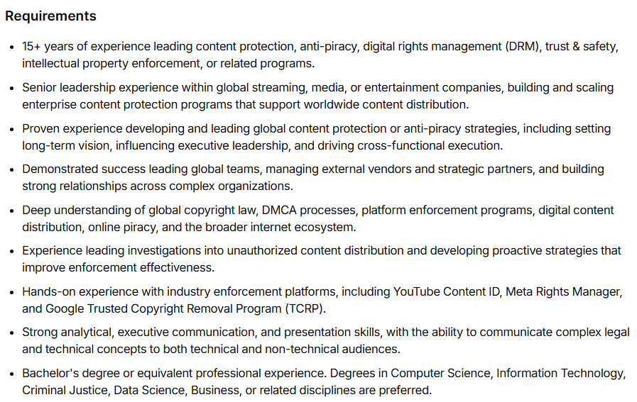 an image of requirements for crunchyroll's job anime piracy job posting