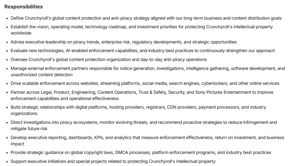 a list of responsibilities in Crunchyroll's job posting for someone to lead their anti-piracy efforts