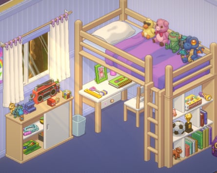 the illustration or animation of a bunkbed with a desk underneath in a child’s room in the video game Unpacking