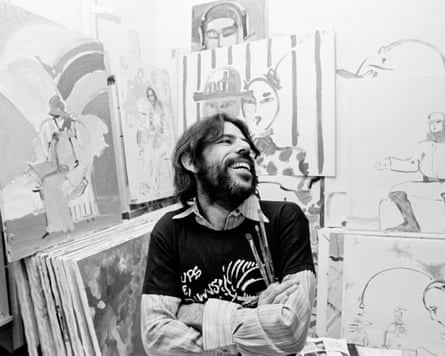 Peter Max sits among some of his minute-by-minute creations in his New York studio in 1973.