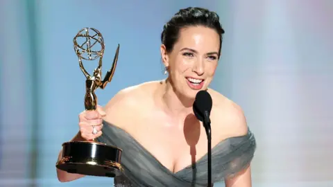 EPA Kate O'Flynn accepts the Outstanding Supporting Actress in a Comedy Series Award for 'Widow's Bay' during the 78th annual Emmy Awards ceremony held at the Peacock Theater in Los Angeles, California, USA, 14 September 2026