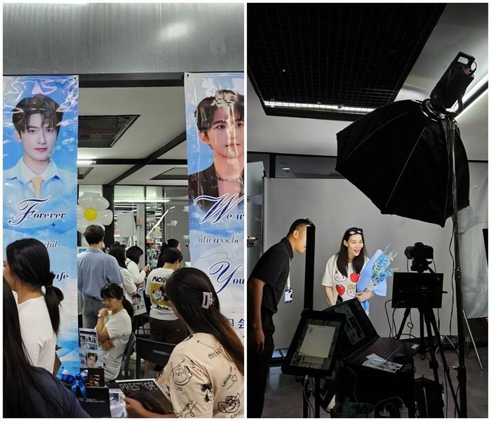 Fans celebrate Chinese actor Yang Yang’s birthday at a pop-up event on the second floor of Union Mall in Bangkok, Sunday. At right, a photo activity lets fans create composite images that make them look as if they are posing beside the actor. Korea Times photo by Jeong Ji-young