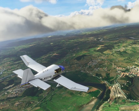 Image of a planer flying over green fields in Microsoft Flight Simulator.
