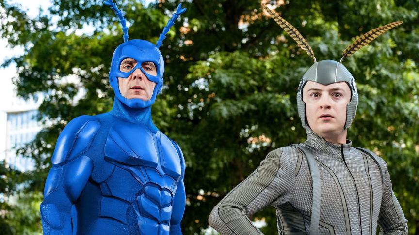 Peter Serafinowicz and Griffin Newman in a production still from The Tick.