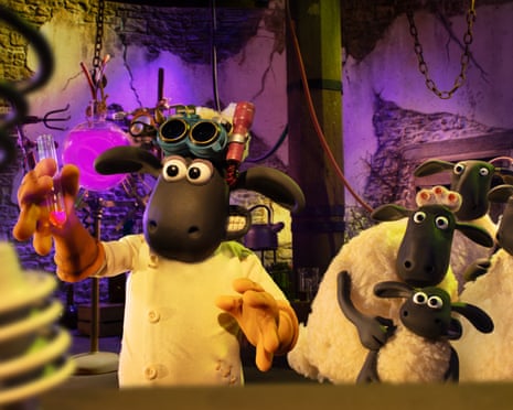 Shaun the sheep holds a test tube while the rest of his flock cower