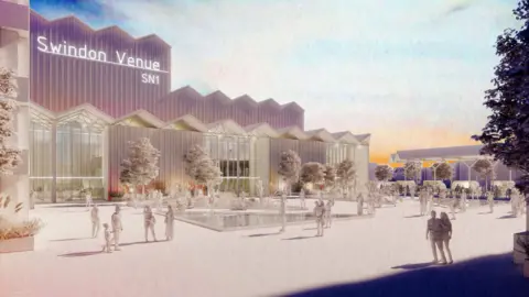STUFISH Artist impression of a new entertainment venue. An angular building in dark and light grey with a shiny windowed entrance and tree lined courtyard outside.