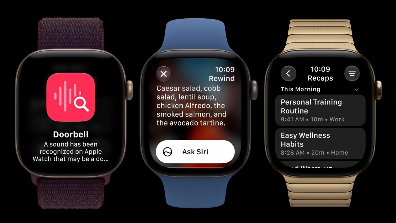 Three Apple Watches display accessibility features: sound recognition notification, a Siri transcript of spoken food orders, and a dark-mode Recaps screen listing personal training and wellness habit summaries.