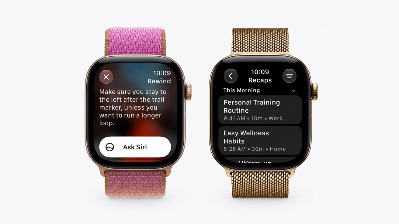 Two smartwatches with colorful bands display dark screens: the left shows a Siri prompt and workout guidance text, while the right shows a recap list of wellness and training routines.