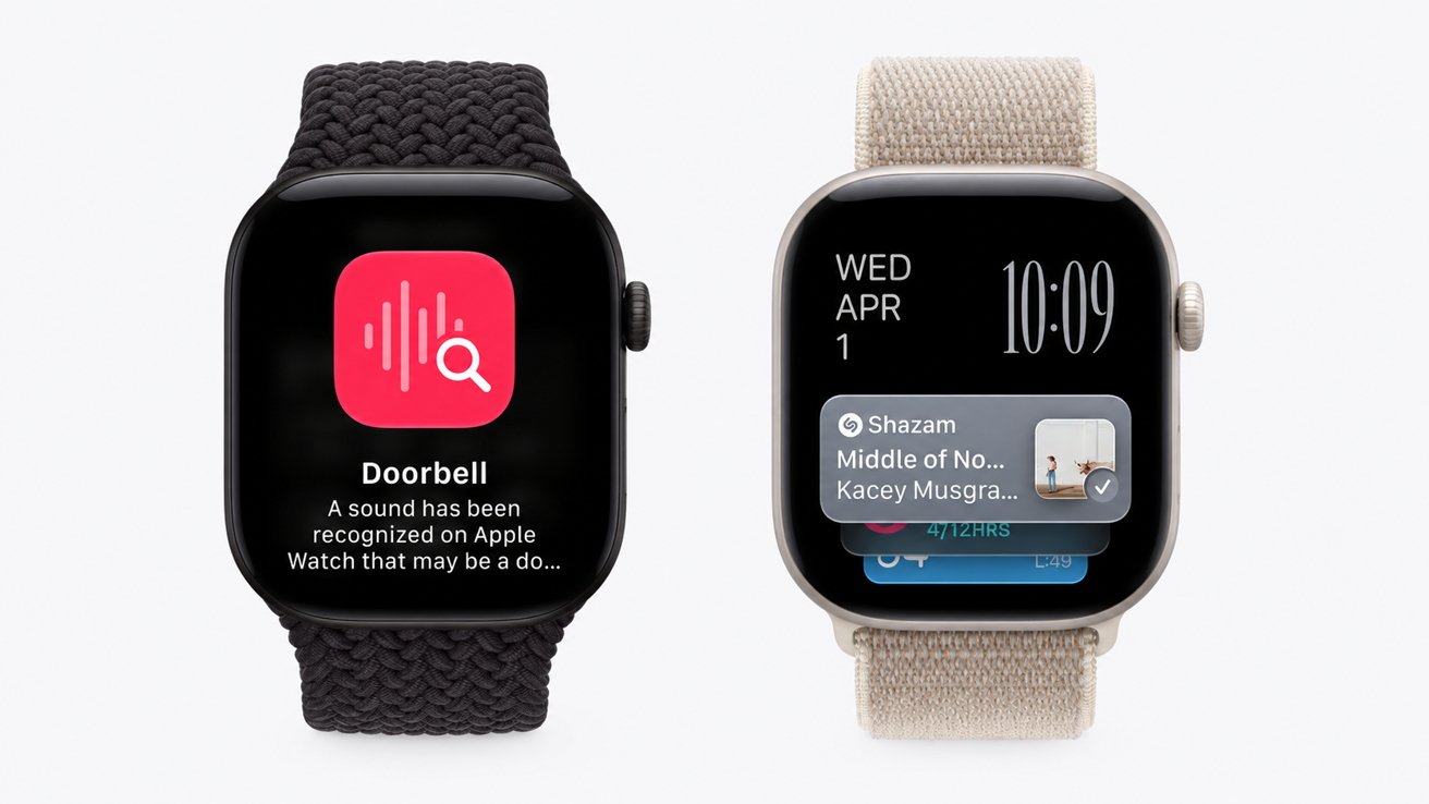 Two Apple Watches side by side: left shows a sound recognition doorbell alert, right displays the time and a Shazam music notification, each with different colored woven bands