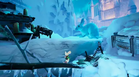 Polyarc A small mouse character moving through a cold wintery environment. A large rabbit is visible in the background.