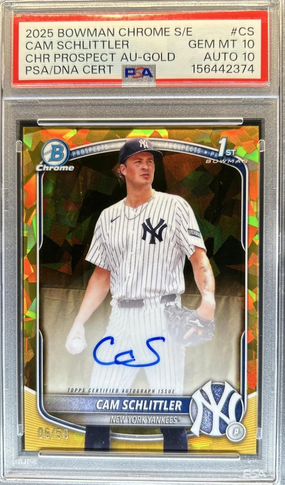 2025 Bowman Chrome Cam Schlittler Orange Wave Rookie card.