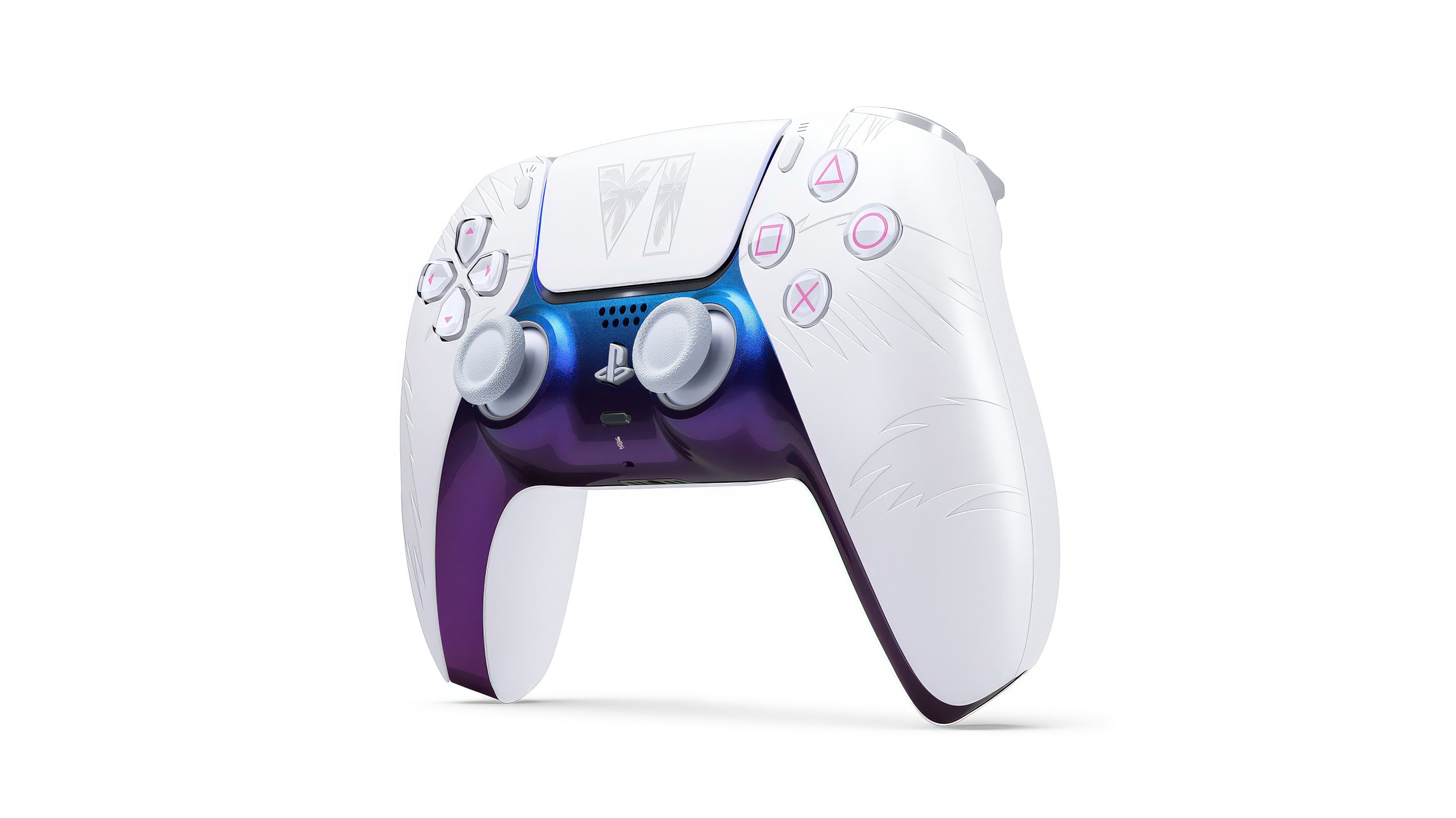 A custom PlayStation 5 DualSense controller in a white and blue color scheme featuring palm designs and the letters 'GTA VI' on the touchpad.