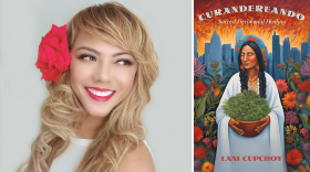 Woman with blonde hair wearing large flower next to photo of book cover