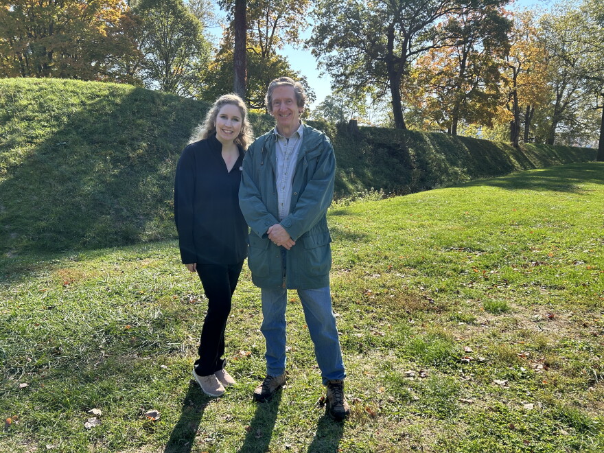 Caroline Farkas (left) and Brad Lepper (right) at one of the Earthworks during production of the episode. Lepper is featured in the segment.