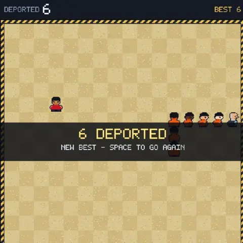 The White House A screenshot from the arcade game Rio Run on the White House website. It shows the words "6 Deported - new best - space to go again" over a simple background of squares and game figures, some in orange prison-like outfits after being rounded up.