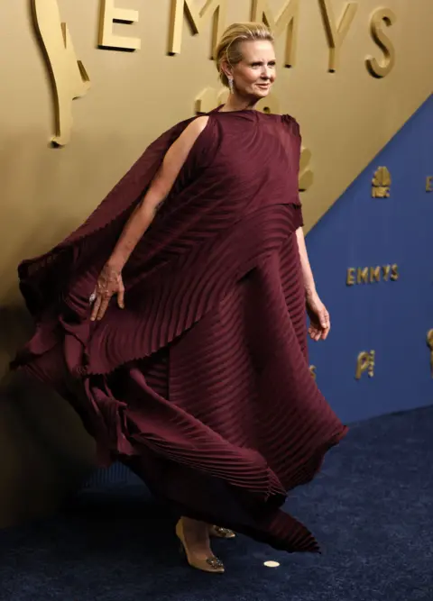 EPA Cynthia Nixon in a patterned burgundy dress