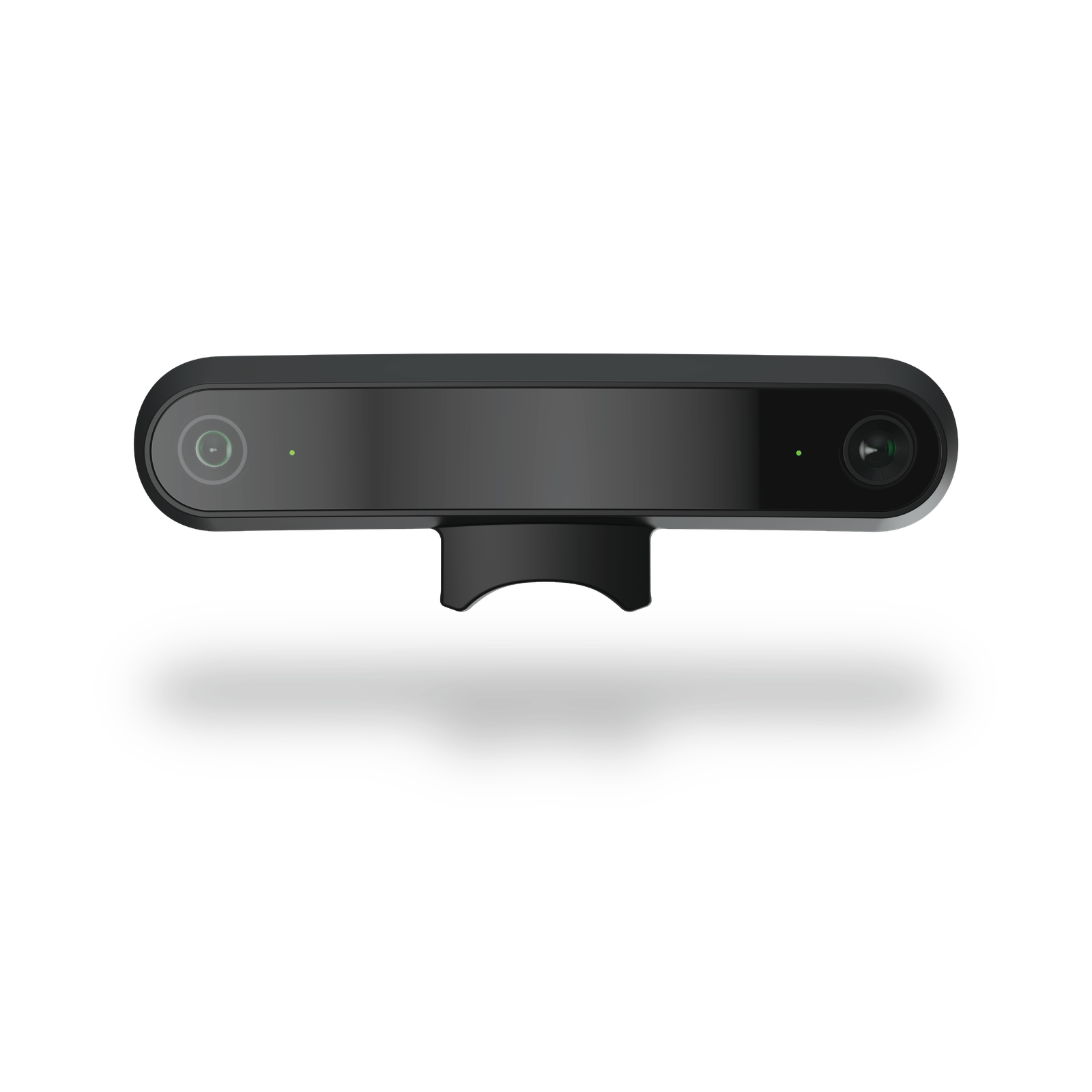 The Arcturus Vision Camera, a slim black bar with a round camera lens at each end, two small green indicator lights, and a curved mounting foot underneath that seats into the Steam Frame's front expansion port.