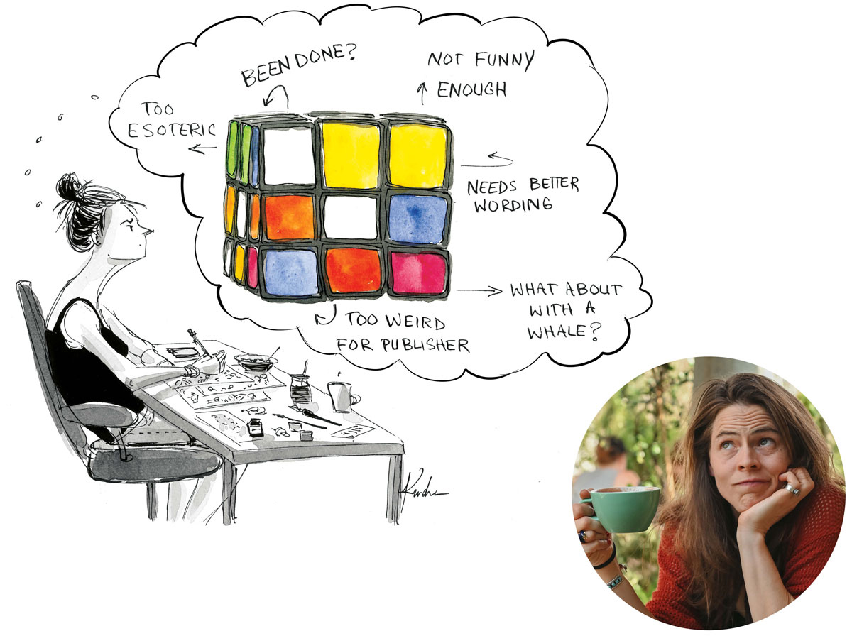 Kendra Allenby staring at her illustration of herself at a drawing table, surrounded by imagined critiques of her work based on a Rubik's Cube.