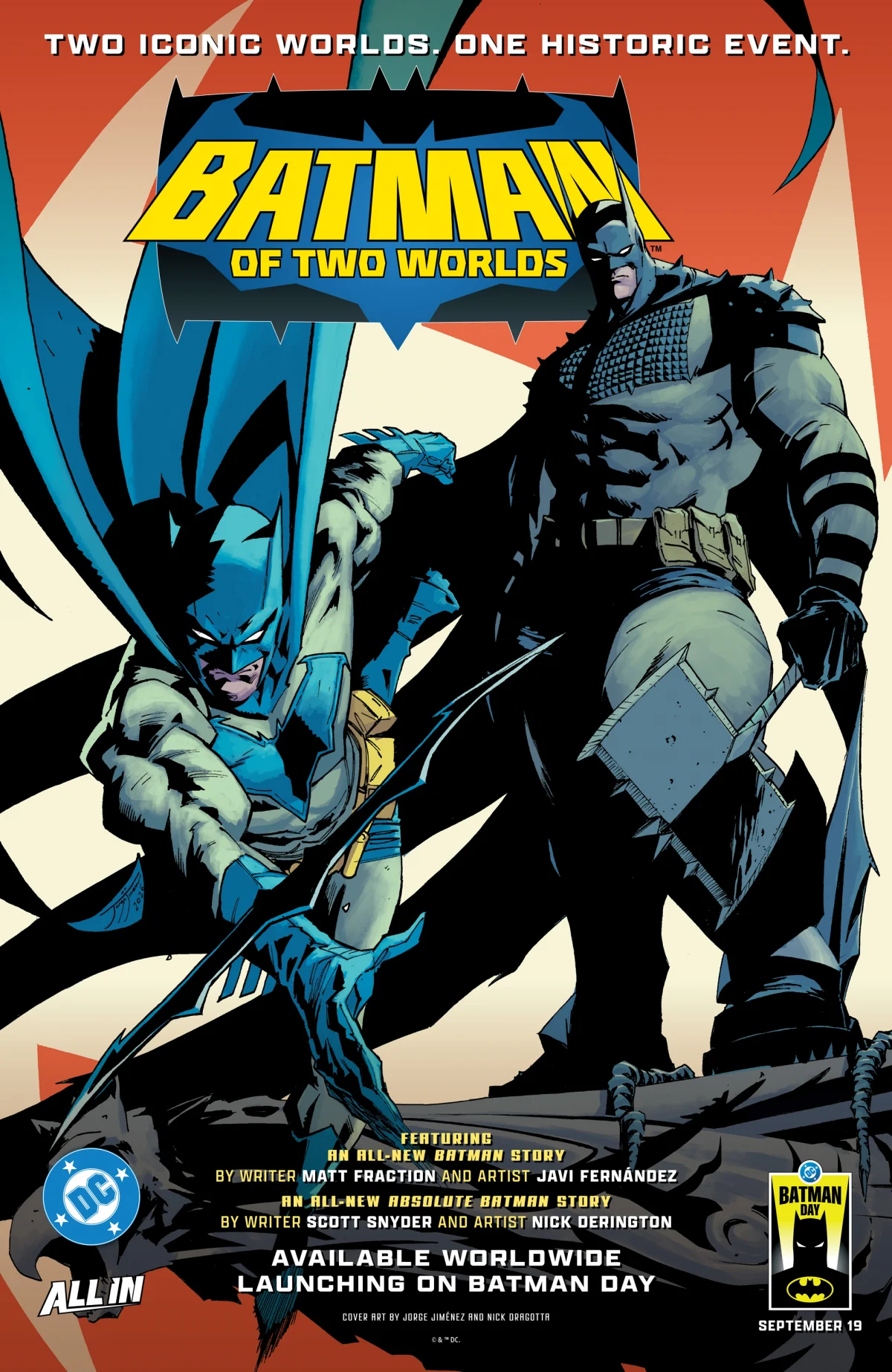 Batman of Two Worlds featuring art by Javi Fernández and Nick Derington.
