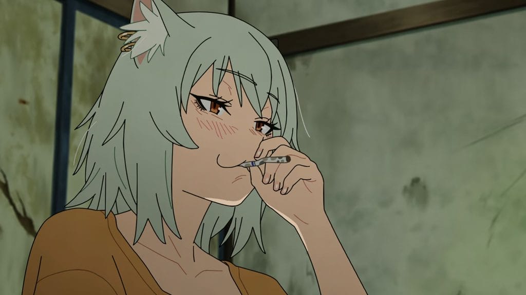 Still from Chainsmoker Cat that depicts Yaniko Sato, a green-haired catgirl with brownish-gold eyes wearing a yellow  blouse, blushing as she smiles while smoking a moldy, soiled cigarette
