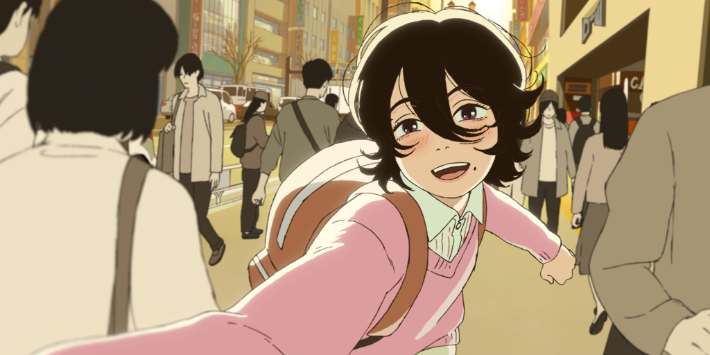 Fujino and Kyomoto run through the streets of Toyko. Look Back is distributed by GKIDS.