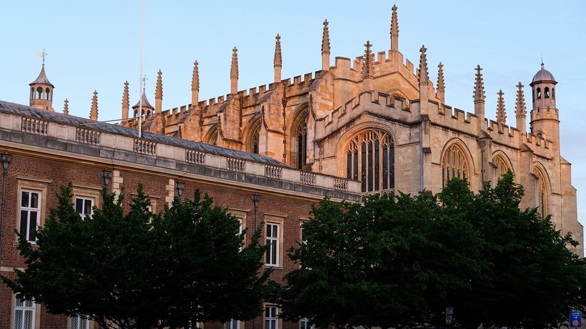 Eton College Chapel stands in late evening sunlight in Eton, United Kingdom.