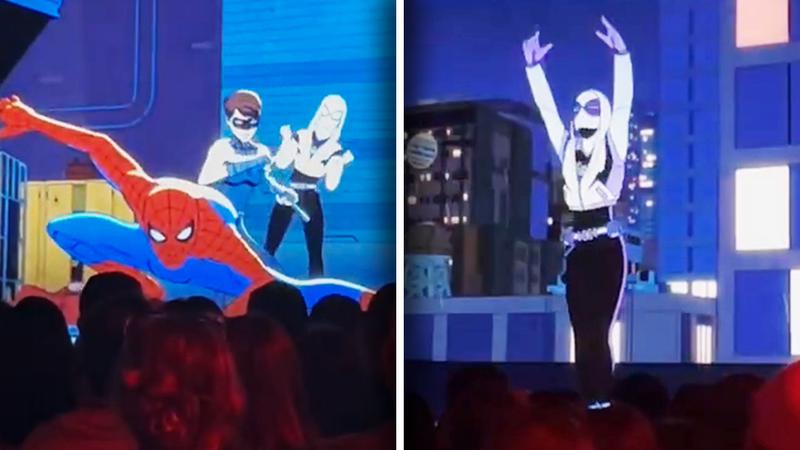 Spider-Gwen training with Spider-Man and Finesse in Your Friendly Neighborhood Spider-Man Season 2.