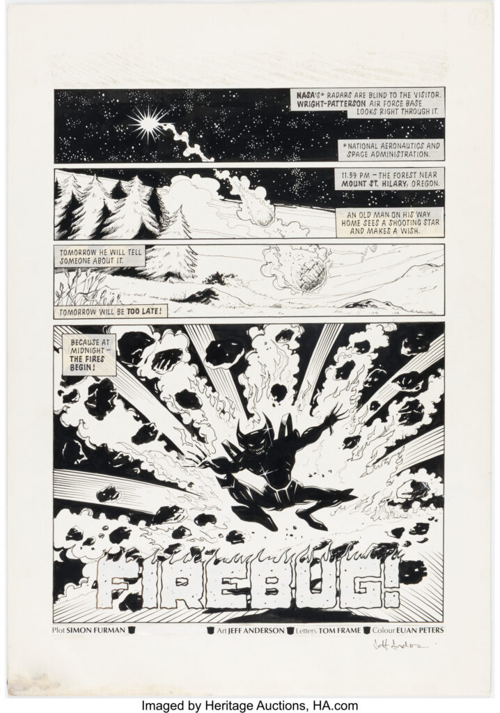 Jeff Anderson The Transformers #188 Story Page 1 Original Art (Marvel UK, 1988). A new danger enters Marvel UK's Transformers continuity with all the subtlety of a meteor strike. The visitor evades NASA radar, slams down near Mount St. Hilary, and waits until midnight to reveal the Firebug amid a violent eruption of flame, smoke, and shattered earth. Ink over graphite on Bristol board with an image area of 10" x 13.75". Signed by Anderson in the lower margin. Light toning, text past-ups on vellum, Stat logo/credits, adhesive residue in the top margin from a missing header, and light handling wear. In Excellent condition.
