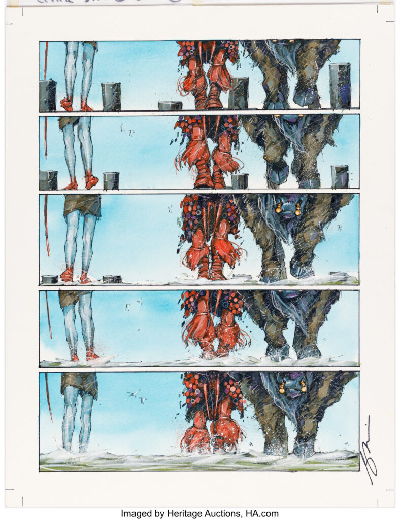Simon Davis 2000 AD Prog #2054 Sláine Story Page 3 Original Art (Rebellion, 2017). The road to the Archons becomes a long, uneasy march. Sláine, Sinead, and Gododin cross the ancient causeway through five narrow panels, their feet and the great bull's hooves carrying them toward answers buried in Britain's past in this scene from "The Brutania Chronicles Book Four: Archon Part Five." Ink and gouache over graphite on Illustration board with an image area of 12.5" x 16.25". Signed by Davis in the right margin. Editorial notes on a vellum overlay taped from the top of the page. In Excellent condition.