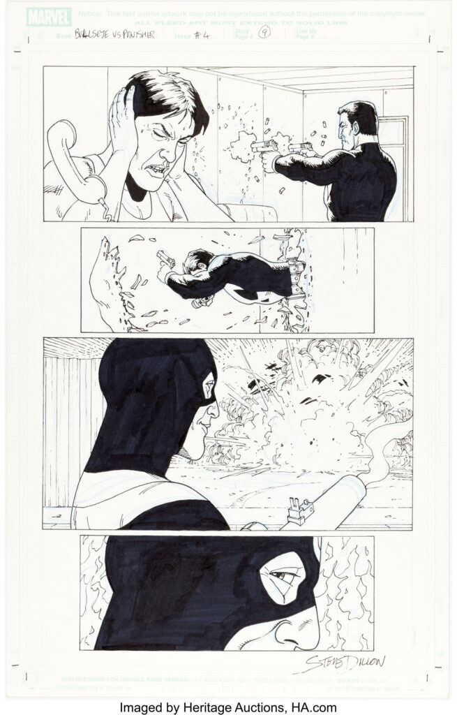 Steve Dillon Punisher vs. Bullseye #4 Story Page 9 Original Art (Marvel, 2006). The Punisher makes a quick exit as Bullseye sends a rocket for an explosive "hello". Ink and marker over graphite on Marvel Bristol board with an image area of 9.25" x 14.5". Light smudging and signed by Dillion in the bottom right. In Excellent condition.