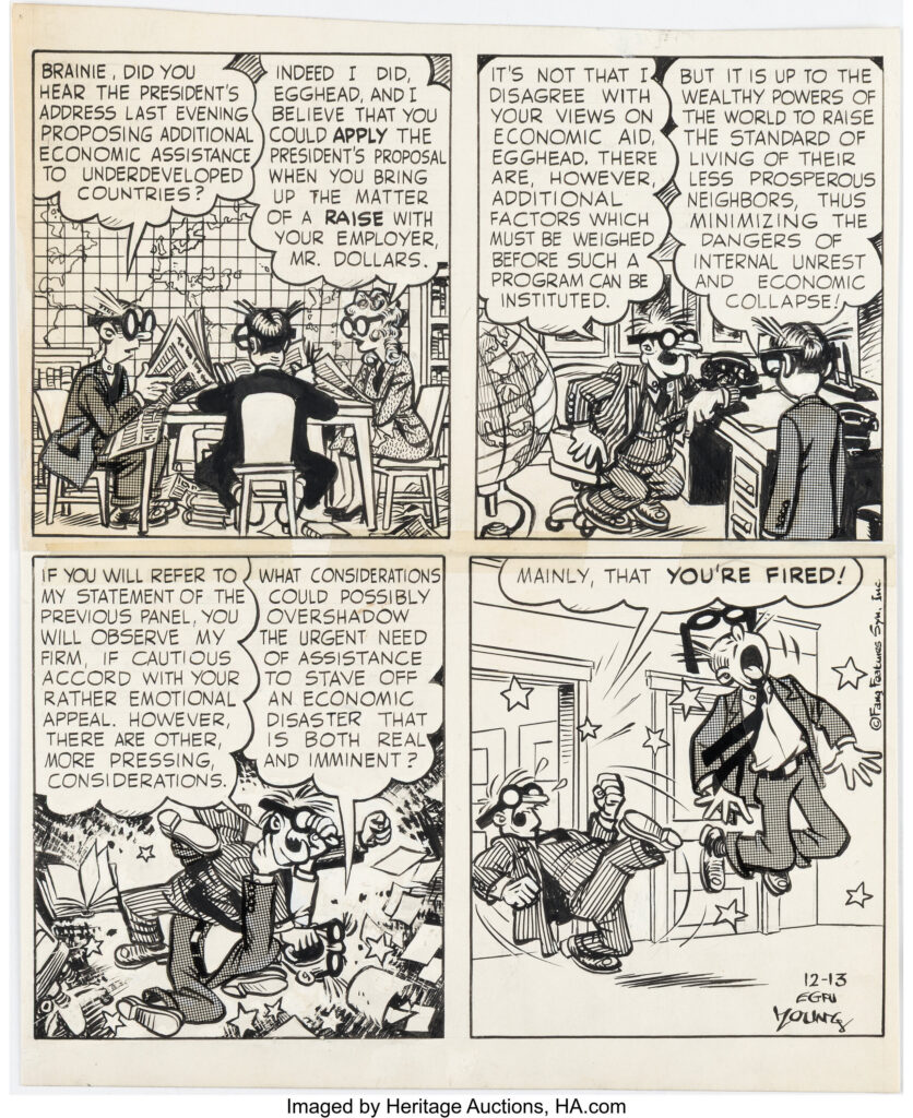 Wally Wood MAD #88 Unused Parody Complete 1-Page Story Original Art (EC, 1964). Wally Wood's last work for MAD magazine! Created as part of a "Comic For Publications That Don't Have Comics" feature, this parody of the Blondie comic strip would be completely re-drawn by Bob Clarke for publication. The original Wally Wood gag was actually rejected by Bill Gaines (Editor-in-Chief). As documented in the book The Life and Legend of Wallace Wood, this upset Wood so much that he quit MAD magazine completely! The parody gag was rendered ink and Zipatone on two sections of Bristol board that have been conjoined with production tape for a combined image area of 10" x 11.5". Signed as "Egfu Young" (as a parody of Chic Young) in the lower right. Lightly toned and in Very Good condition.