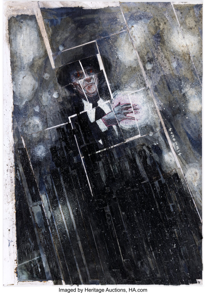 Martin Simmonds - Pin-Up Illustration Original Art (c. 2020s). Somewhere between portrait and nightmare, Martin Simmonds traps a sinister figure inside a collapsing grid. Red eyes burn through a pale face as fractured borders cut across the body amid black paint, mottled gray textures, and white spatter. Simmonds brings the same fractured, uneasy visual language that made his Eisner-nominated work on The Department of Truth so distinctive. Mixed media on Bristol board with an edge-to-edge image area of 10.75" x 16". Signed. In Excellent condition.
