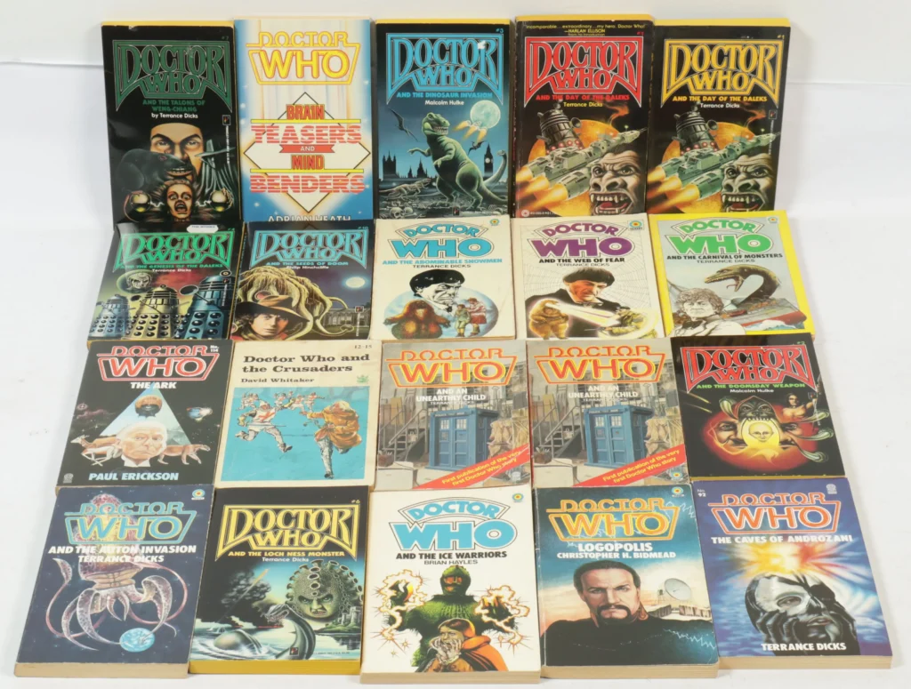 Vectis Auction Lot 15/9/26: Target Books, a group of nineteen Doctor Who paperback books. The lot comprises: • Doctor Who and the Talons of Weng-Chiang • Doctor Who Brain Teasers and Mind Benders • Doctor Who and the Dinosaur Invasion • Doctor Who and the Day of the Daleks • Doctor Who and the Genesis of the Daleks • Doctor Who and the Seeds of Doom • Doctor Who and the Abominable Snowmen • Doctor Who and the Web of Fear • Doctor Who and the Carnival of Monsters • Doctor Who The Ark • Doctor Who and the Crusaders • Doctor Who and an Unearthly Child • Doctor Who and the Doomsday Weapon • Doctor Who and the Auton Invasion • Doctor Who and the Loch Ness Monster • plus others Condition appears Fair to Good.