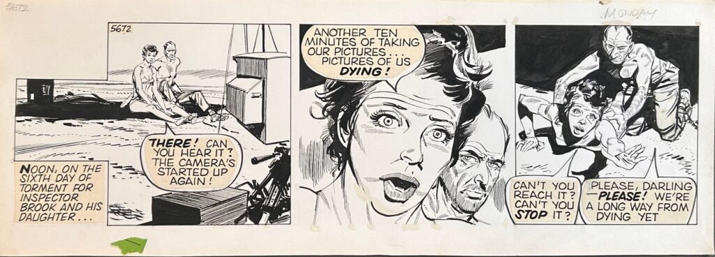 An original Modesty Blaise strip drawn and Signed by Neville Colvin in 1983 for an instalment of 'Death in Slow Motion', first published in the Evening Standard newspaper. Modesty Blaise has been a fan favourite action Newspaper Strip since Jim Holdaway drew the first strips for Peter O'Donnell's stories back in 1963! This is strip number 5672 of the classic series