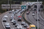 Westbound traffic congests Interstate 84 during the first full day of Interstate 5 southbound closures through the Rose Quarter for five weeks in Portland, Ore., on Sept. 12, 2026.
