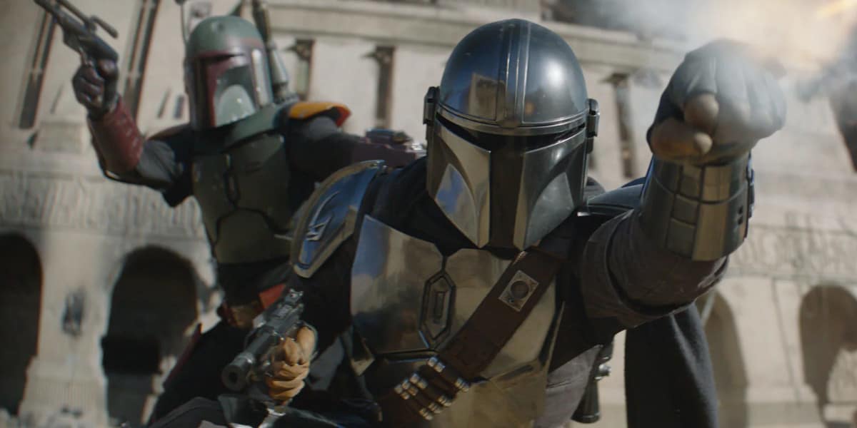 Din Djarin (front) and Boba Fett (back) in 'The Book of Boba Fett'