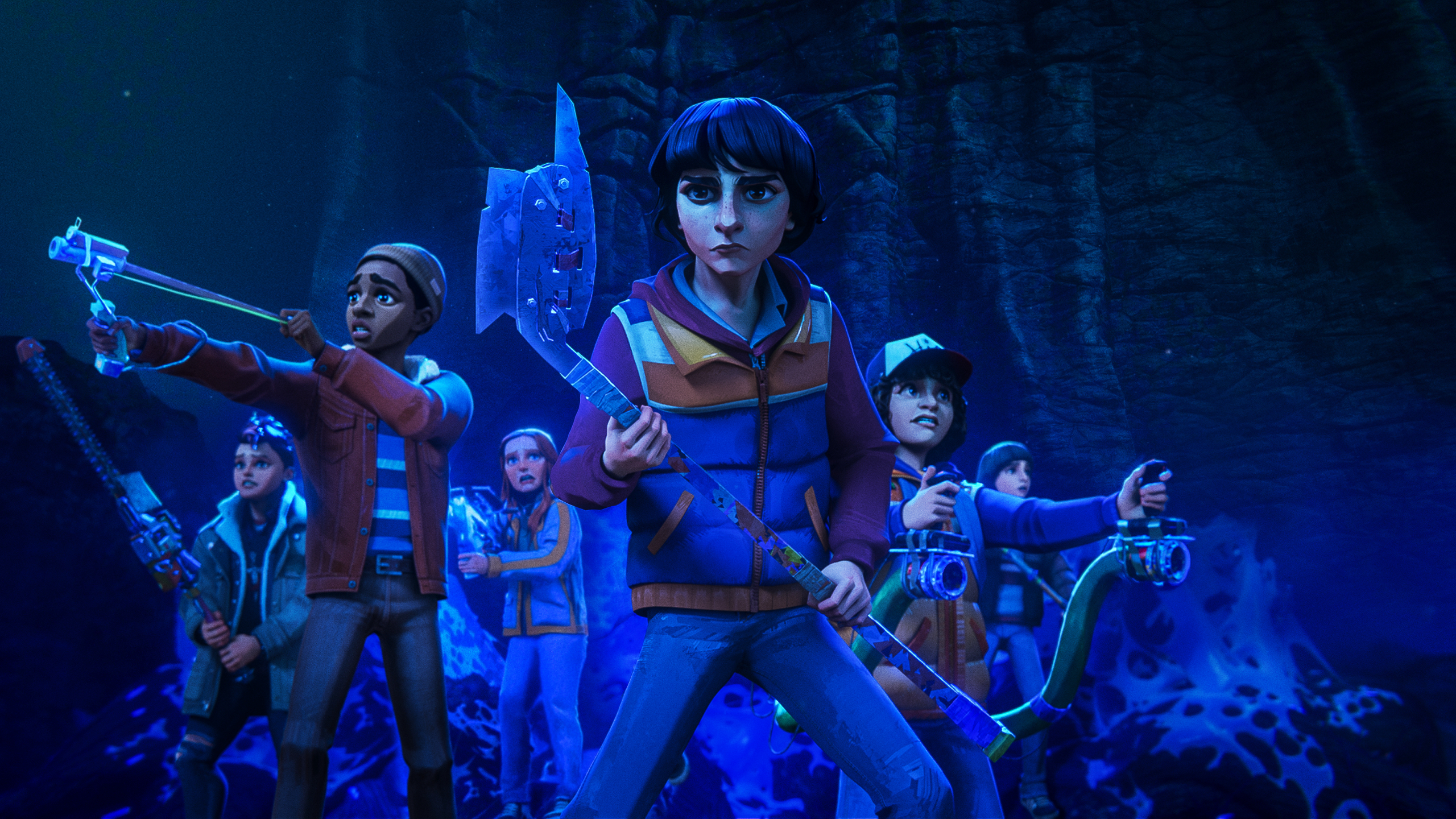 &Quot;Group Of Animated Kids Holding Makeshift Weapons, Standing Together In A Dark, Cave-Like Environment With Glowing Blue Light And Mysterious Web-Like Structures, Appearing Ready For Adventure Or Battle.&Quot;
